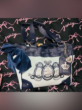 Juicy Couture Navy and Cream Tote with Crown Embroidery and Charm